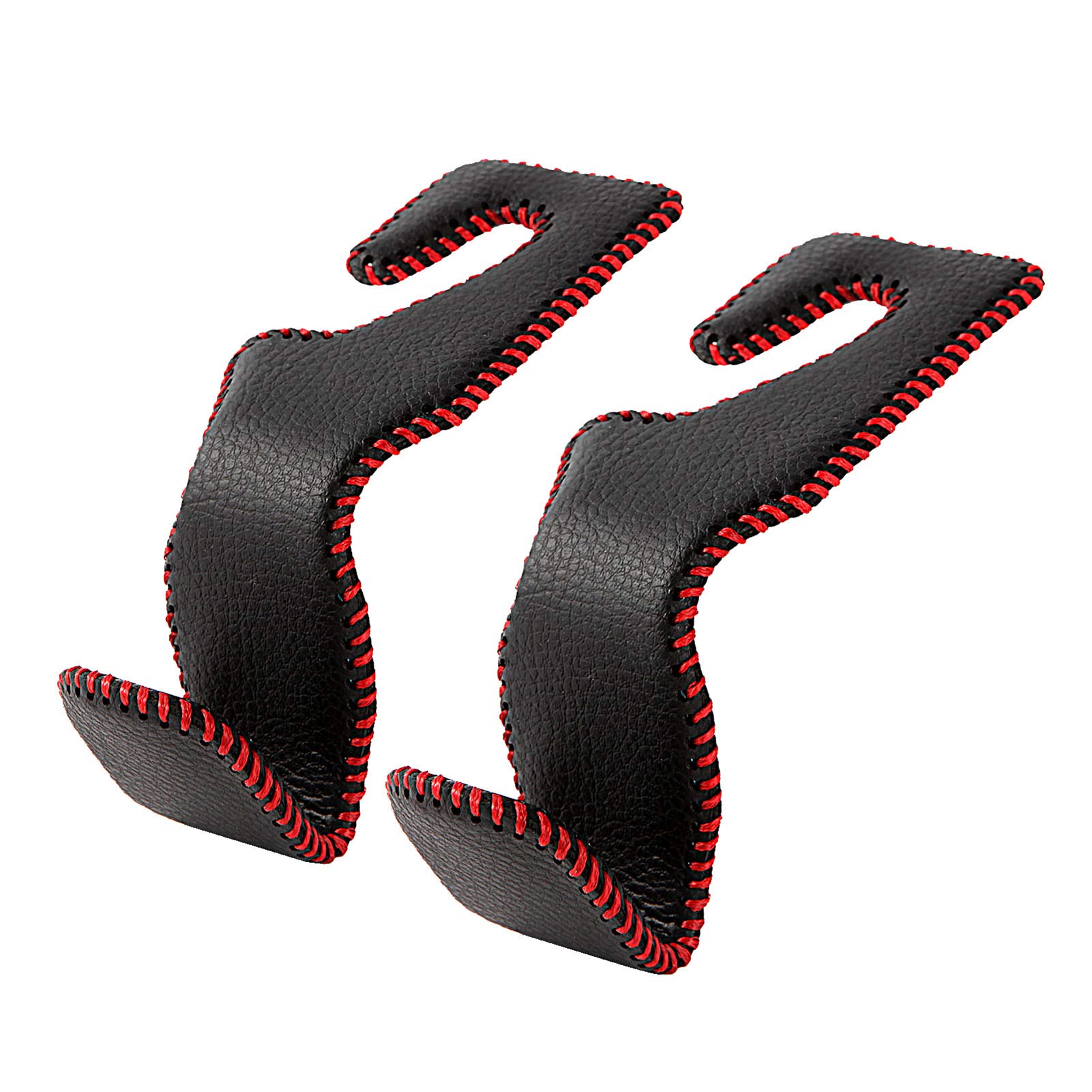 AMVOYOA Car Headrest Hook, Leather Vehicle Back Seat Hanger Storage for Purse Groceries Bag and More, Black&Red, Pack of 2