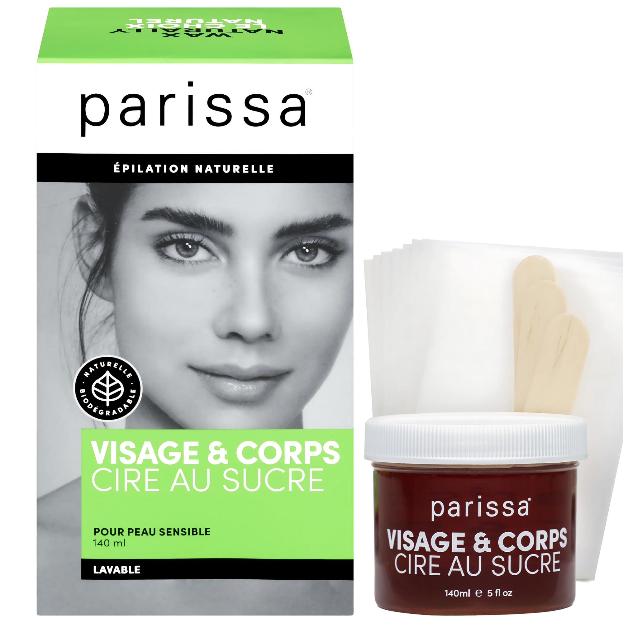 Parissa Face & Body Sugar Wax, Microwavable Formula  | 100% Natural, Vegan & Hypoallergenic, Gentle for Sensitive Skin | Facial waxing kit for women | 20 Epilation Strips, 3 Spatulas | 140ml (5 Fl Oz)