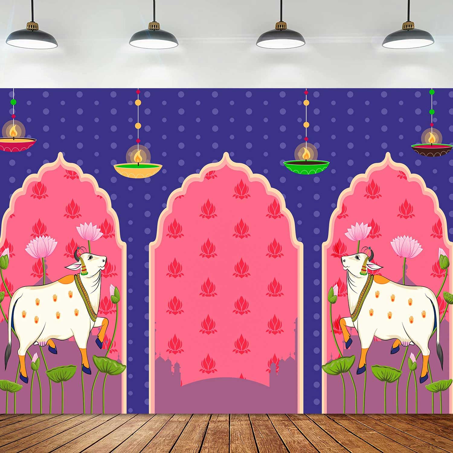 TYOOFD Indian Blue Lotus Cow Pooja Pichwai Backdrop for Traditional ...