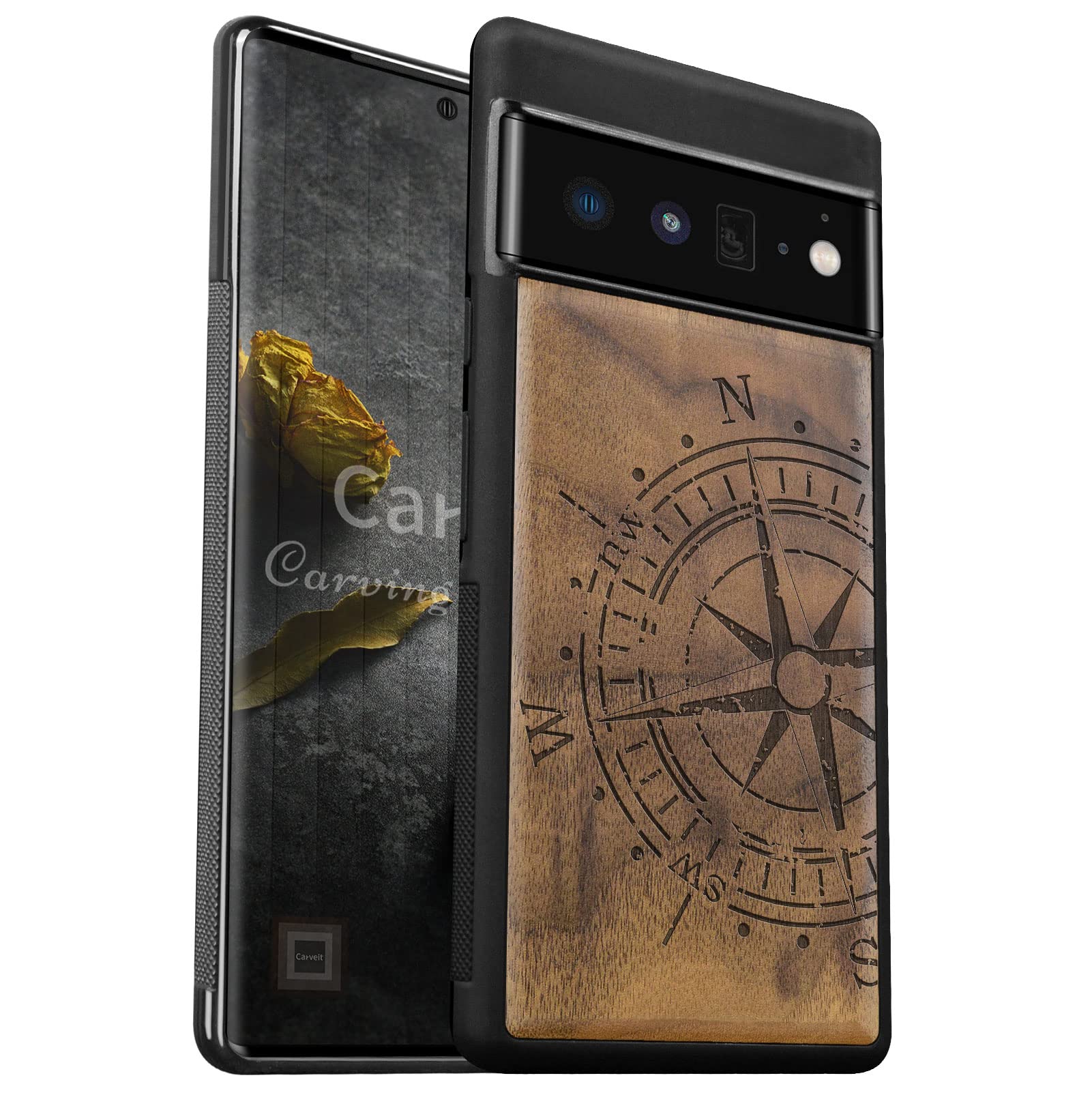 Carveit Wood Case for Pixel 6 Pro - Hard Real Wood & Soft TPU Hybrid Protective Cover - Unique & Classy Wooden Case - Compatible with Google Pixel 6 Pro - Vintage Compass-Walnut