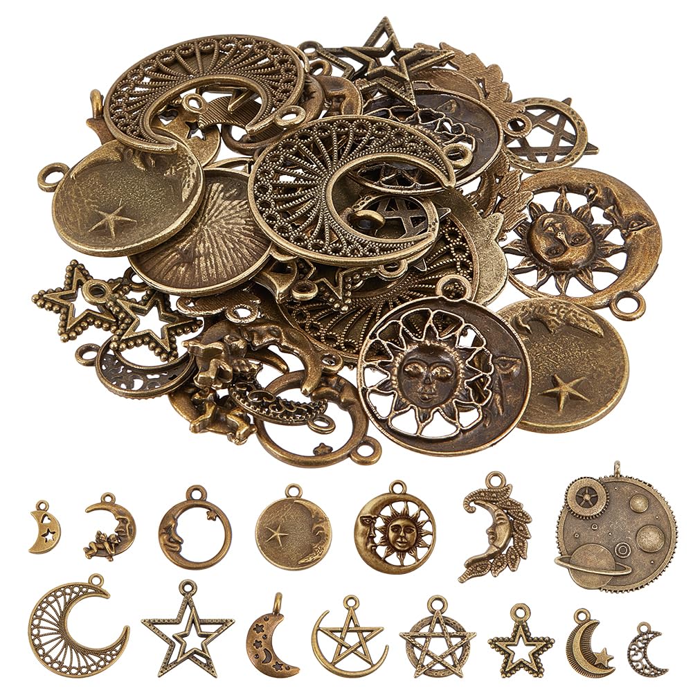 SUNNYCLUE 1 Box 58Pcs 15 Styles Celestial Charms Star Moon Charms Crescent Stars Bulk Antique Bronze Retro Witch Magic for Jewellery Making Supplies DIY Necklace Bracelet Earrings Adult