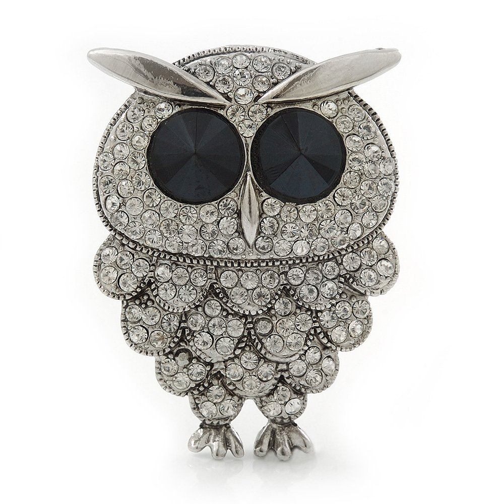 Clear Diamante 'Owl' Brooch In Rhodium Plating - 47mm Length