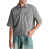 SHENHE Men's Plaid Button Down Short Sleeve Shirt Loose Fit Casual Shirt with Chest Pocket