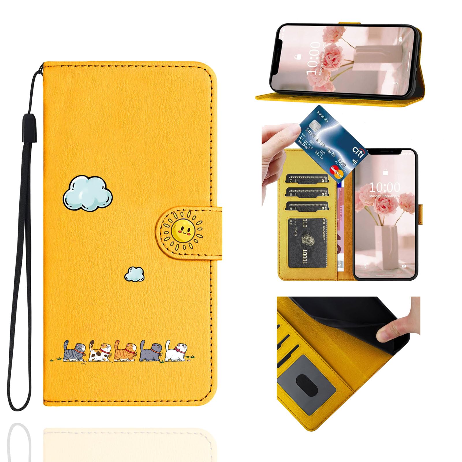 Jeffene for iPhone XS Max (6.5 inch) Case,PU Leather Flip Wallet Cover with [Kickstand][TPU Inner Shell][Card Holder],Yellow&Cat