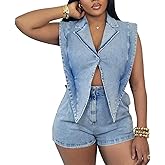 Mandonce Denim Jumpsuit For Women Cap Sleeve V Neck Button Down Crop Split Elastic High Waist Jeans Shorts For Women Romper
