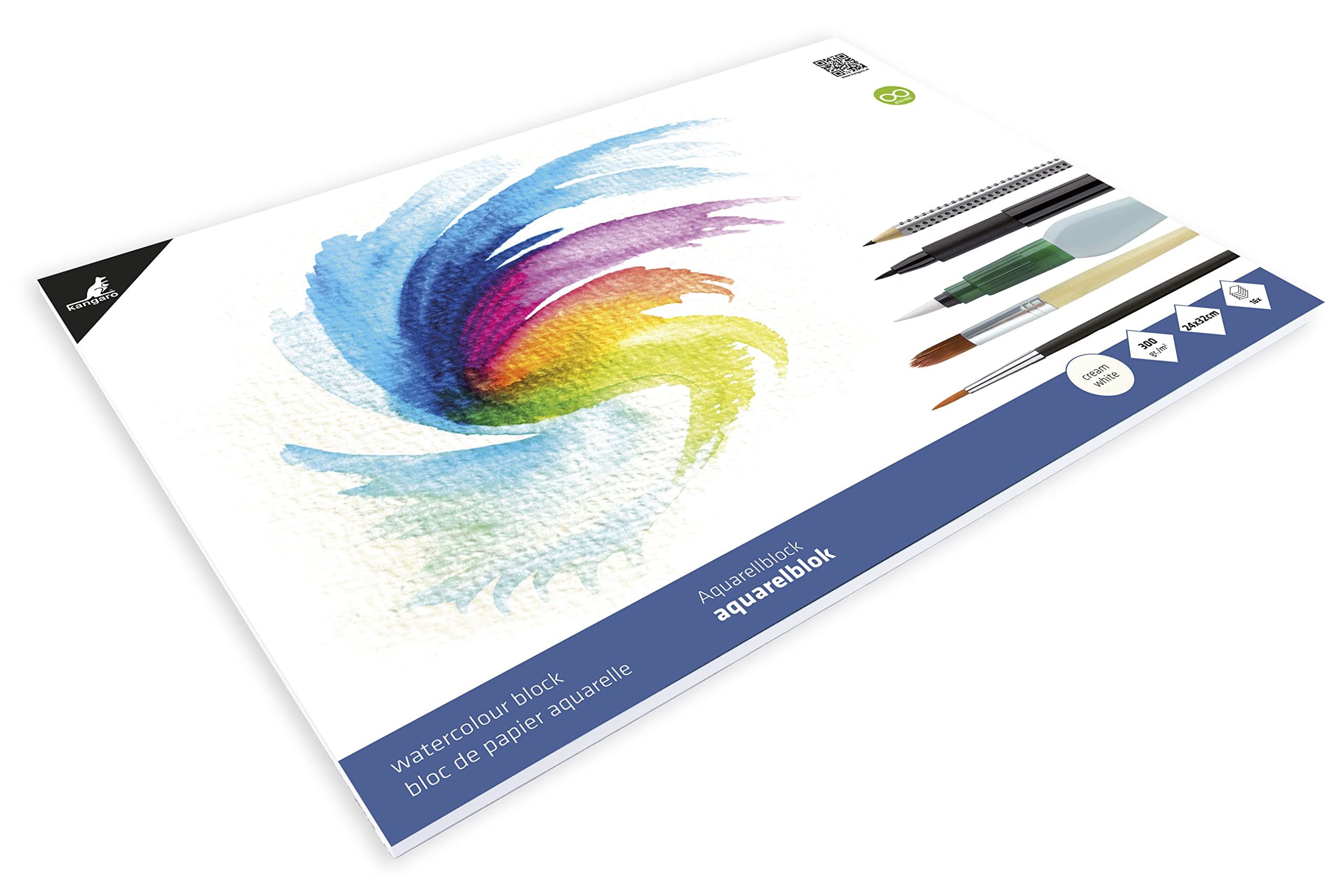 Watercolour Paper 32 x 24 cm, 300 g, 16 Sheets, Cream White. Kangaro