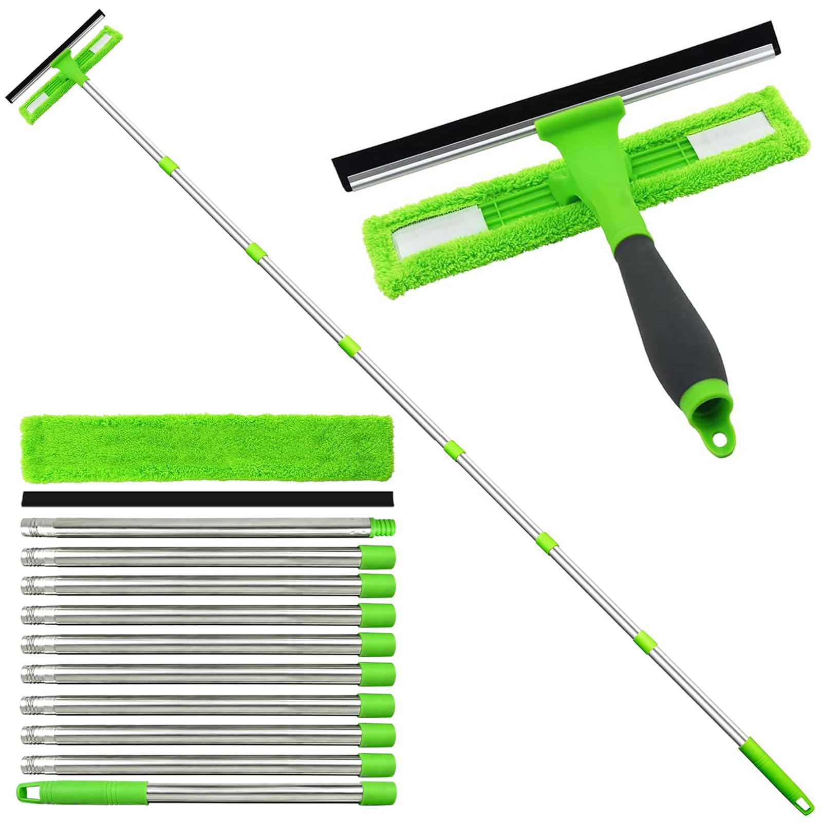 JNBGTU 3.6M/12FT Professional Extendable Window Cleaner Kit - 2-in-1 Silicone Squeegee & Microfibre Scrubber, Long Reach Telescopic Pole for Home, Car, Shower Glass & Mirror