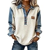 BPJZIM Women's 2025 Fall Denim Patchwork Long Sleeve Pullover Tops Casual Button Down Collar Sweatshirt Loose Fit Shirt