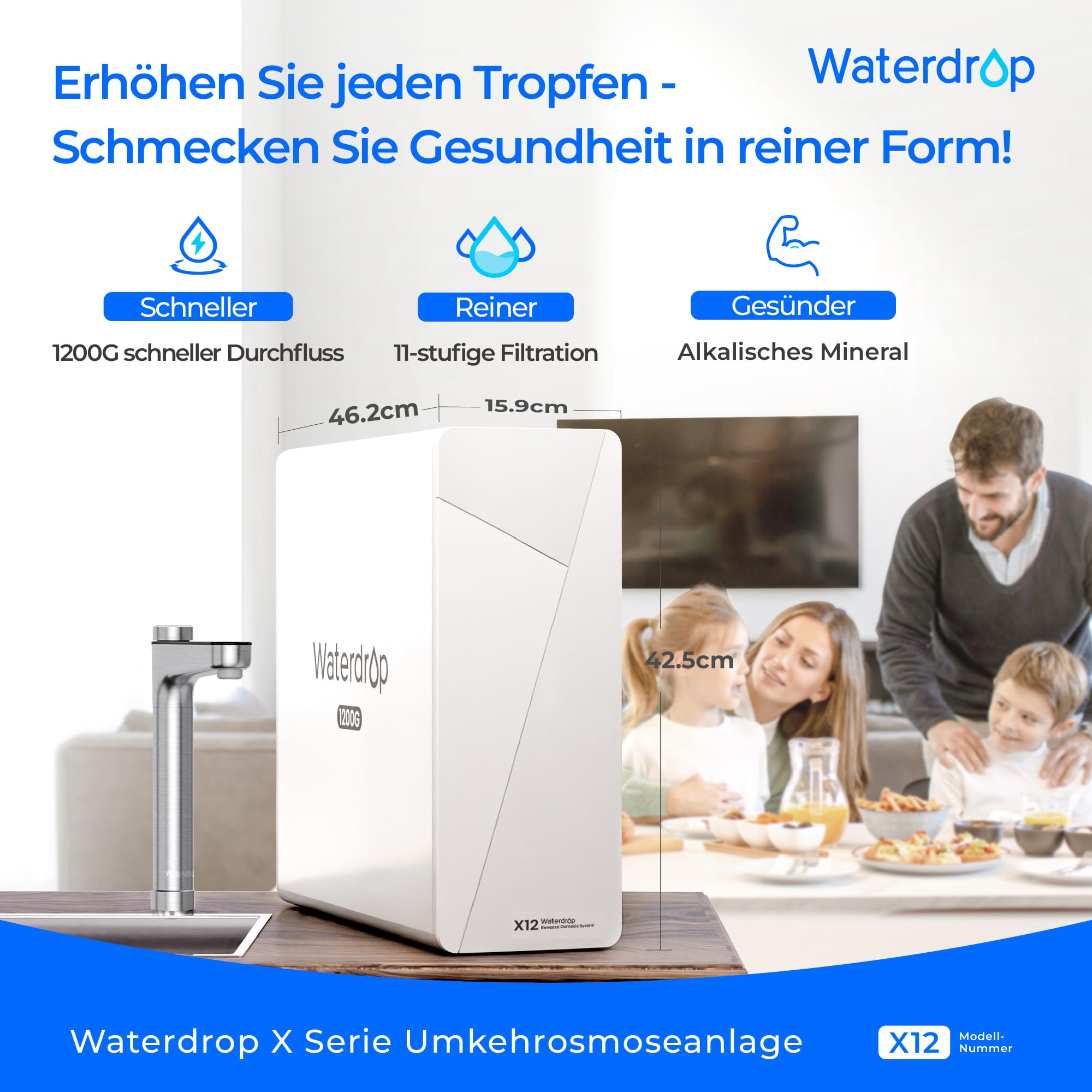 Waterdrop X12 Alkalisches Mineral pH+ Umkehrosmoseanlage, NSF/ANSI 58&372 Zertifiziert, 1200 GPD Schneller Durchfluss, 11-stufige Filtration Tanklos, 3:1 Rein zum Abfluss, Untertisch, BPA Frei 2