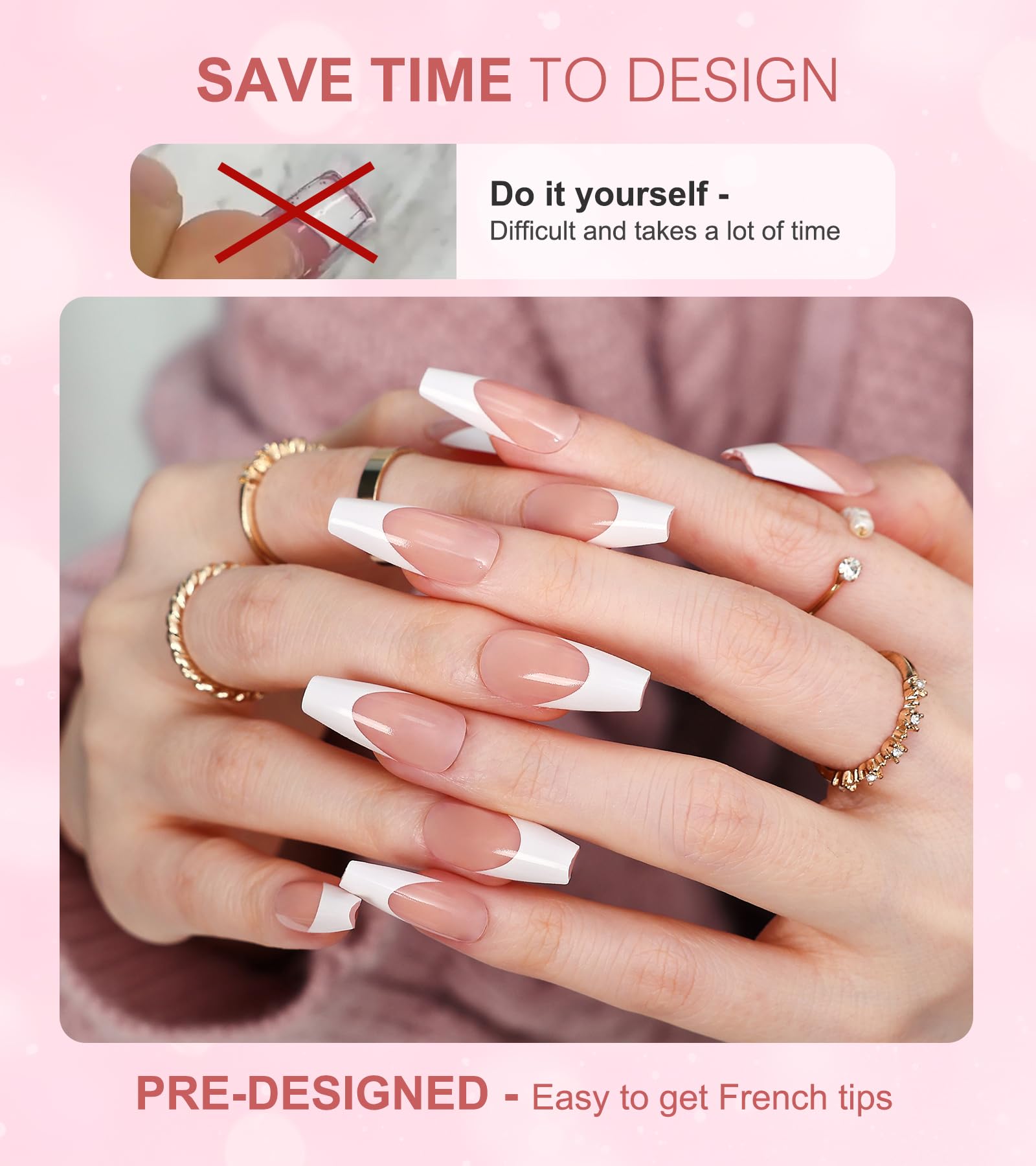 Morily Light Pink White French Tip Press on Nails, 30Pcs Long Coffin Thicker Fake Nails Reusable False Nails with Design, Glossy Acrylic Stick on Nails for Women, 15 Sizes, Include Glass File - Image 3