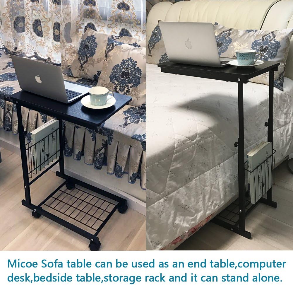 micoe Sofa Side Table with Wheels Couch Table That Slide Under with Storage Shelves C Style Height Adjustable for Home/Room/Office(Black): Kitchen & Dining