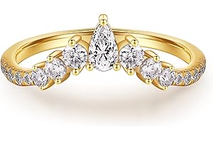 MOOSEA Unique Moissanite Wedding Band for Women, D Color VVS1 Clarity Lab Created Rings 14K White Yellow Rose Gold Vermeil Pear and Round Moissanite Curved Stackable Rings for Women Gifts