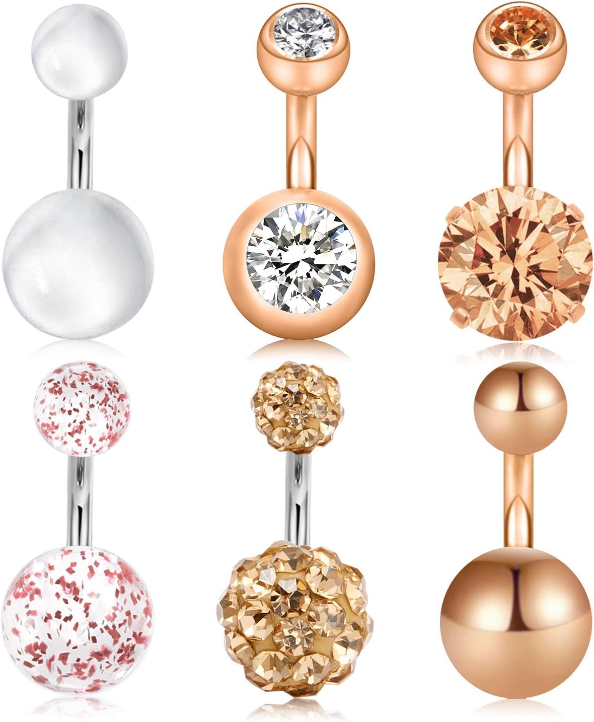14G 1/4Inch Stainless Steel CZ Short Belly Button Rings Navel Jewelry Bars Banana Piercing Studs Set of 6