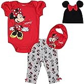Disney Minnie Mouse Baby Girls Bodysuit Pants Bib and Hat 4 Piece Outfit Set Newborn to Infant