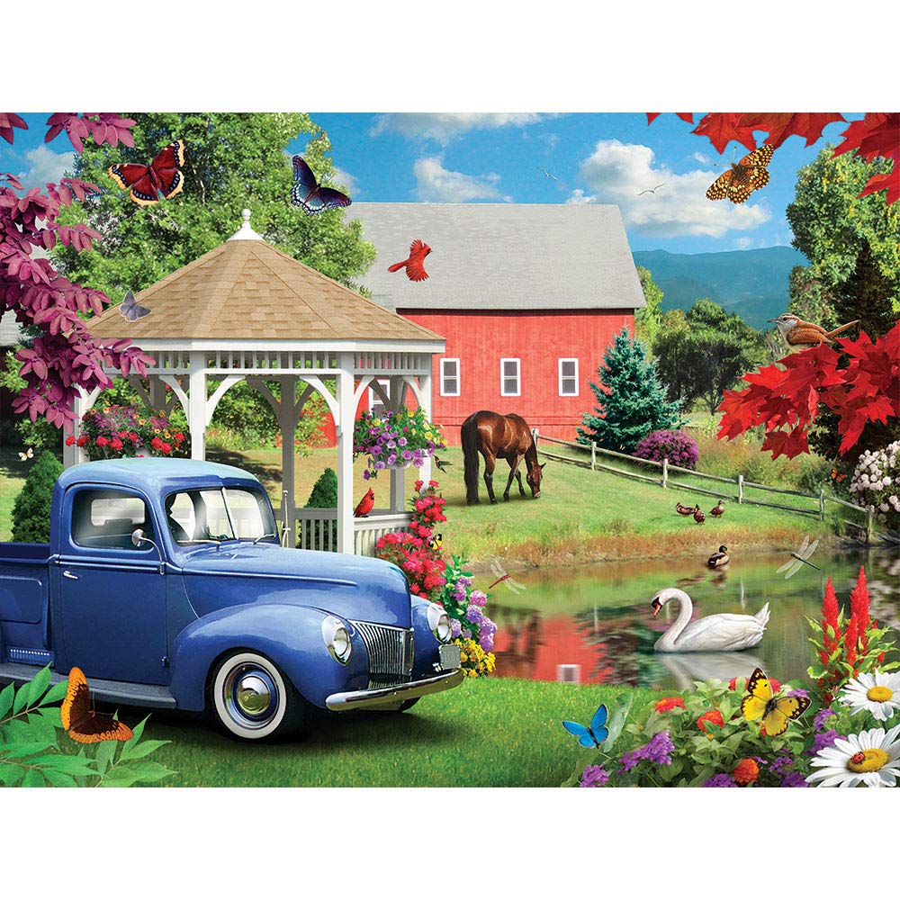 Bits and Pieces - 1000 Piece Jigsaw Puzzle for Adults 51cm x 69cm - A Simple Time - 1000 pc Spring Farm Butterfly Flower Swan Pond Horse Car Jigsaw by Artist Alan Giana