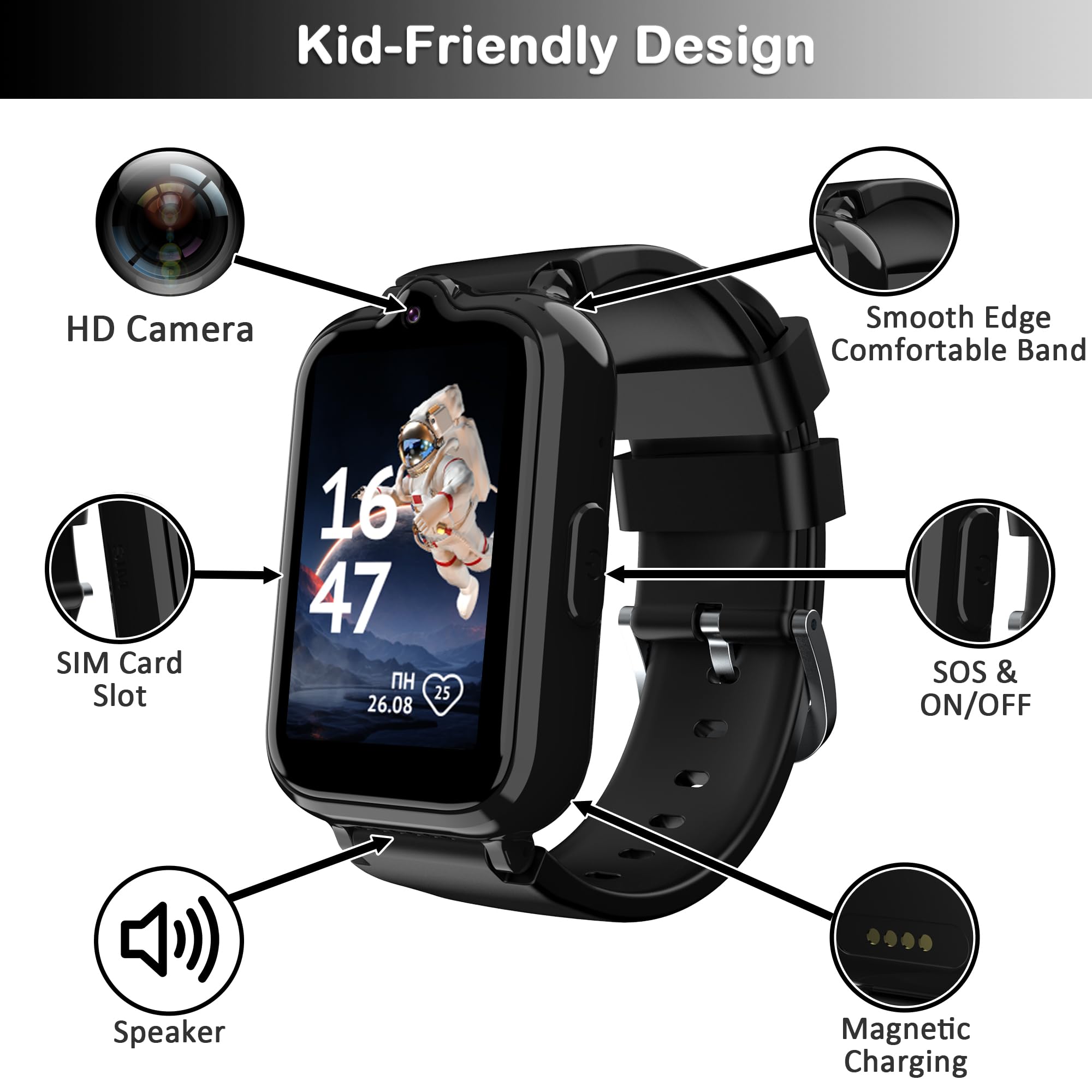 Phyulls 4G Kids Smart Watch with GPS Tracker & Video Calling Kids Cell Phone Watch for Boys Age 5-12, SOS Call Video Voice Chat Camera Alarm Clock Pedometer GPS Tracker Watch for Kids