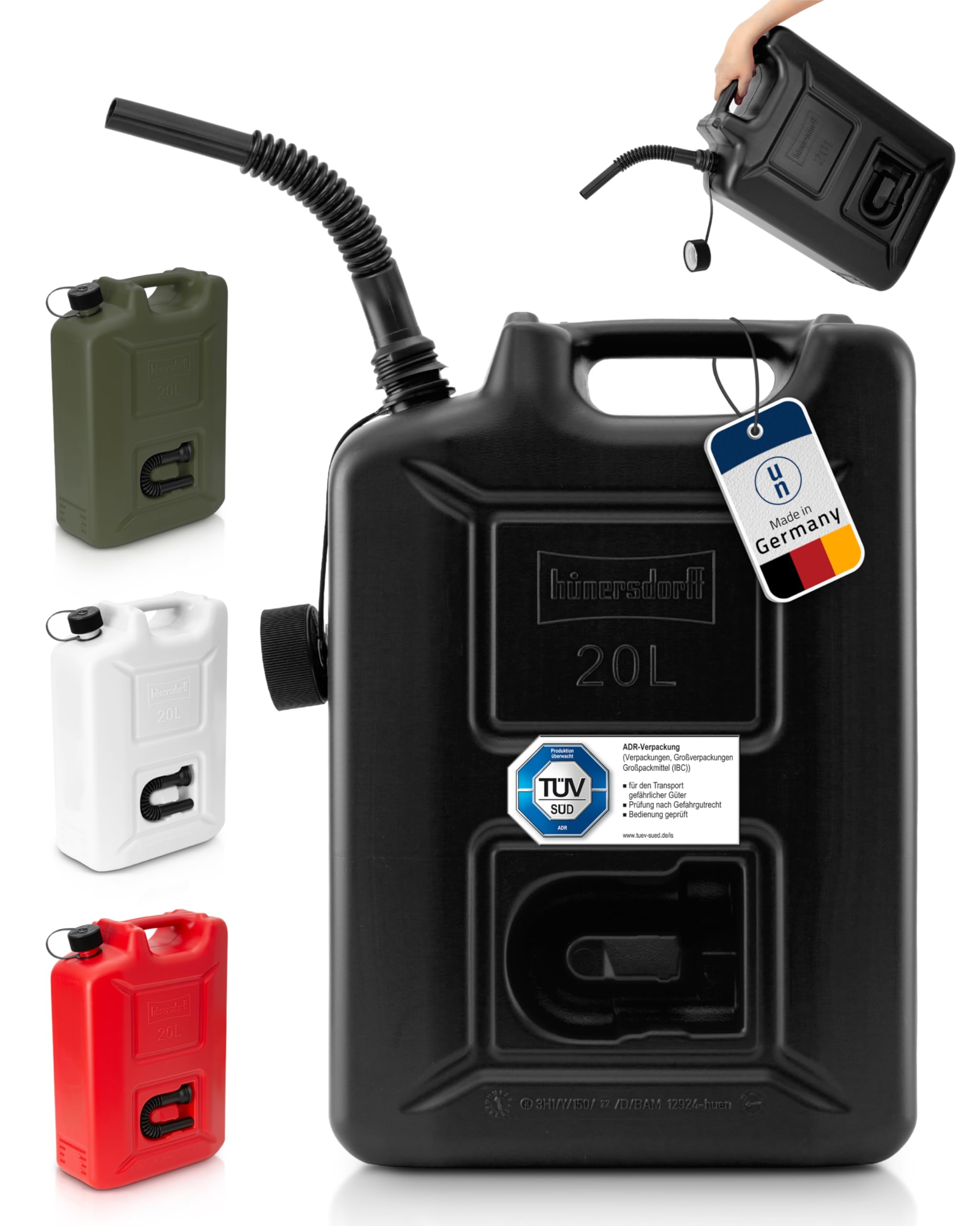 hünersdorff Kraftstoff-Kanister Profi 20L für Benzin, Diesel und andere Gefahrgüter, UN-Zulassung, Made in Germany, TÜV-geprüfte Produktion, schwarz 5