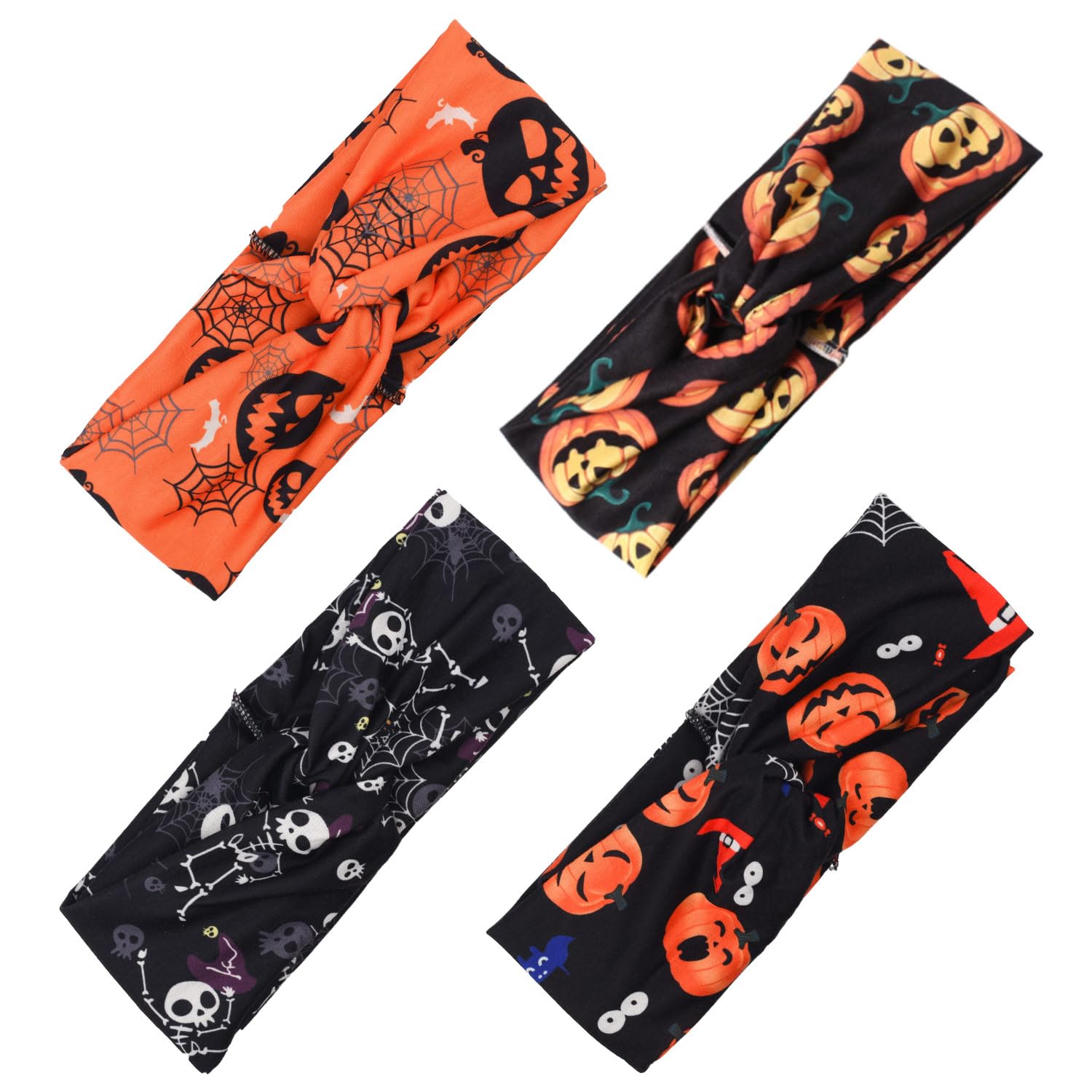 Bohue 4Pcs Halloween Twisted Headbands Elastic Pumpkin Skull Headbands Spider Turban for Costume Cosplay Party Supplies