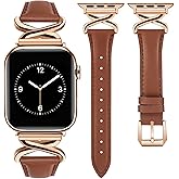 JR.DM Leather Bands Women Compatible with Apple Watch 40mm 38mm 44mm 45mm 41mm 42mm 46mm 49mm Dressy Thin Designer Strap with X-Shaped Metal Crown for iWatch Series Ultra/SE/11/10/9/8/7/6/5/4/3/2/1 Brown