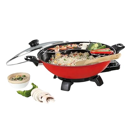Elektrischer Wok mit Glasdeckel 4 Liter Elektropfanne Elektrowok (Party Pfanne, Thermostat, Antihaftbeschichtung, Durchmesser