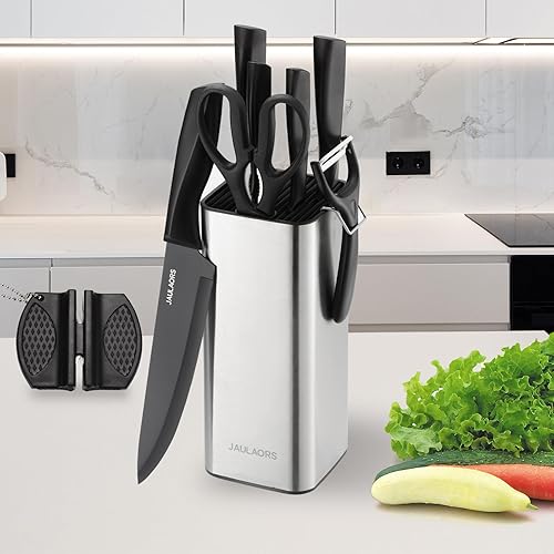Jaulaors Knife set, 9 Pieces Knives Set for Kitchen with Block and Sharpener, Stainless Steel Dishwasher Safe Knives Set for Kitchen Home Use, Black