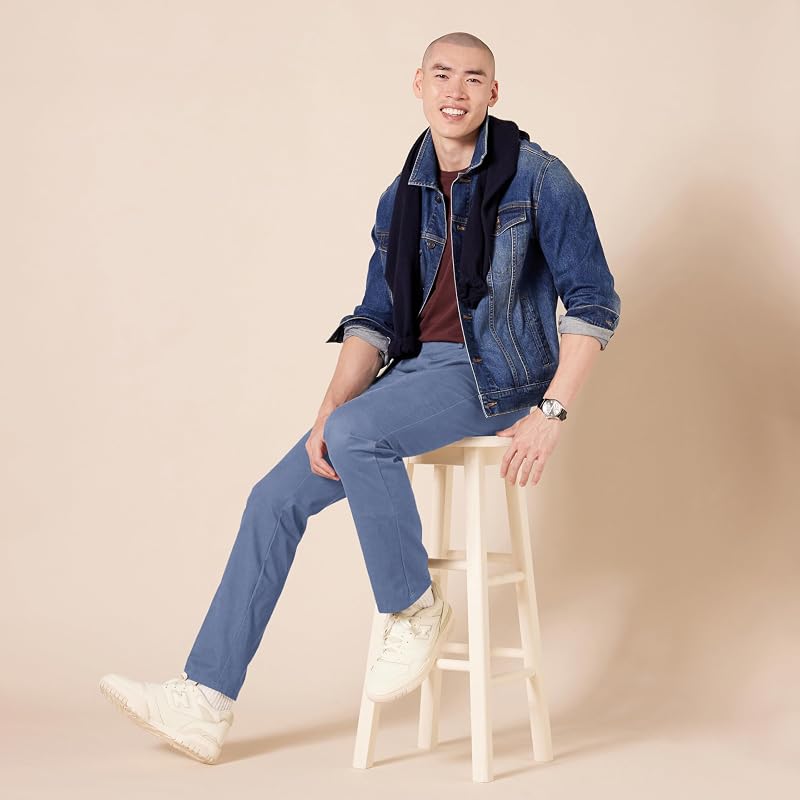 Pantaloni Chino da Lavoro da Uomo Anti-Piega e Senza Pince, vestibilità Aderente, Indaco, 30W / 30L