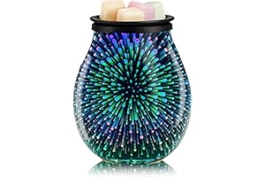 Leyoue 3D Glass Fireworks Electric Wax Melt Warmer with PTC Heating Plate Reusable Silicone Tray 7 Colors LED Changing Light Wax Burner Melter Fragrance Warmer for Home (3D)