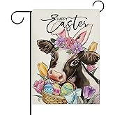 Dyrenson Happy Easter Cow Decorative Garden Flag, Easter Eggs Basket Tulip Farm Yard Outside Home Decorations, Spring Farmhouse Burlap Outdoor Small Decor Double Sided 12 x 18