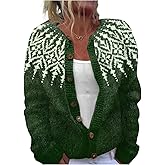 Kenvina Women Fair Isle Cardigan Sweaters Crew Neck Loose Fit Button Up Chunky Sweater Open Front Casual Knit Jacket Coat