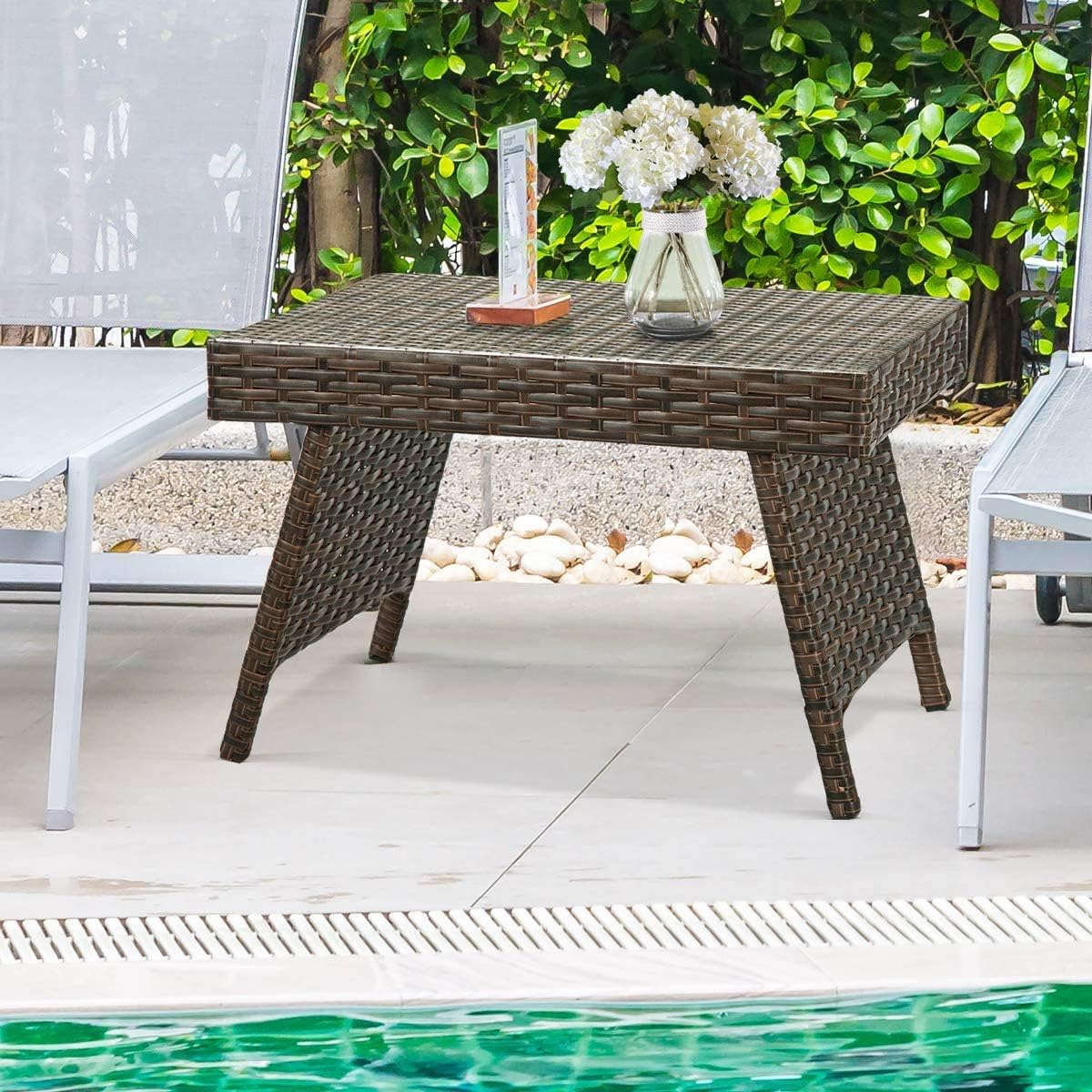 GOFLAME Wicker Table Patio Outdoor Poolside Garden Lawn Bistro Foldable Portable Leisure Standing Coffee Side Table, Espresso Brown: Kitchen & Dining
