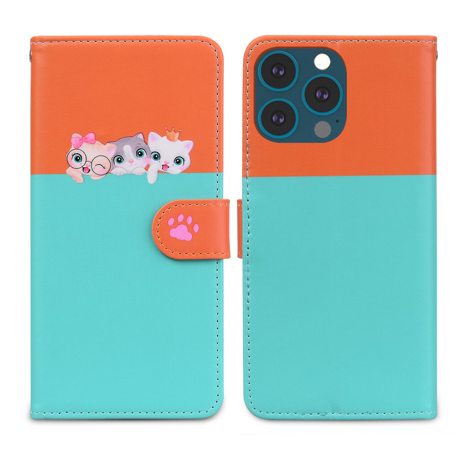 Nbziyoo Phone Case for iPhone 13 Pro,Cartoon Cats/Dogs Patterns Flip Wallet Case with Card Slots, Premium Magnetic PU Leather Cover Case for iPhone 13 Pro, Light Green — image 1