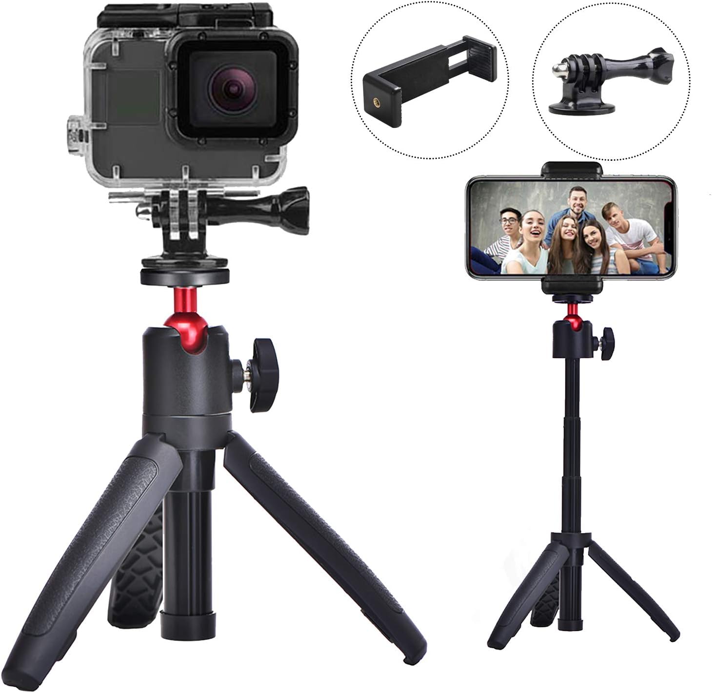 FIZZ OpticX Mini Tripod Table Top Stand with Phone Mount, Extendable Selfie Stick Stand with Handle, for Gopro Hero Osmo Action Insta 360 Action Camera, iPhone Samsung Sony Canon : Camera & Photo