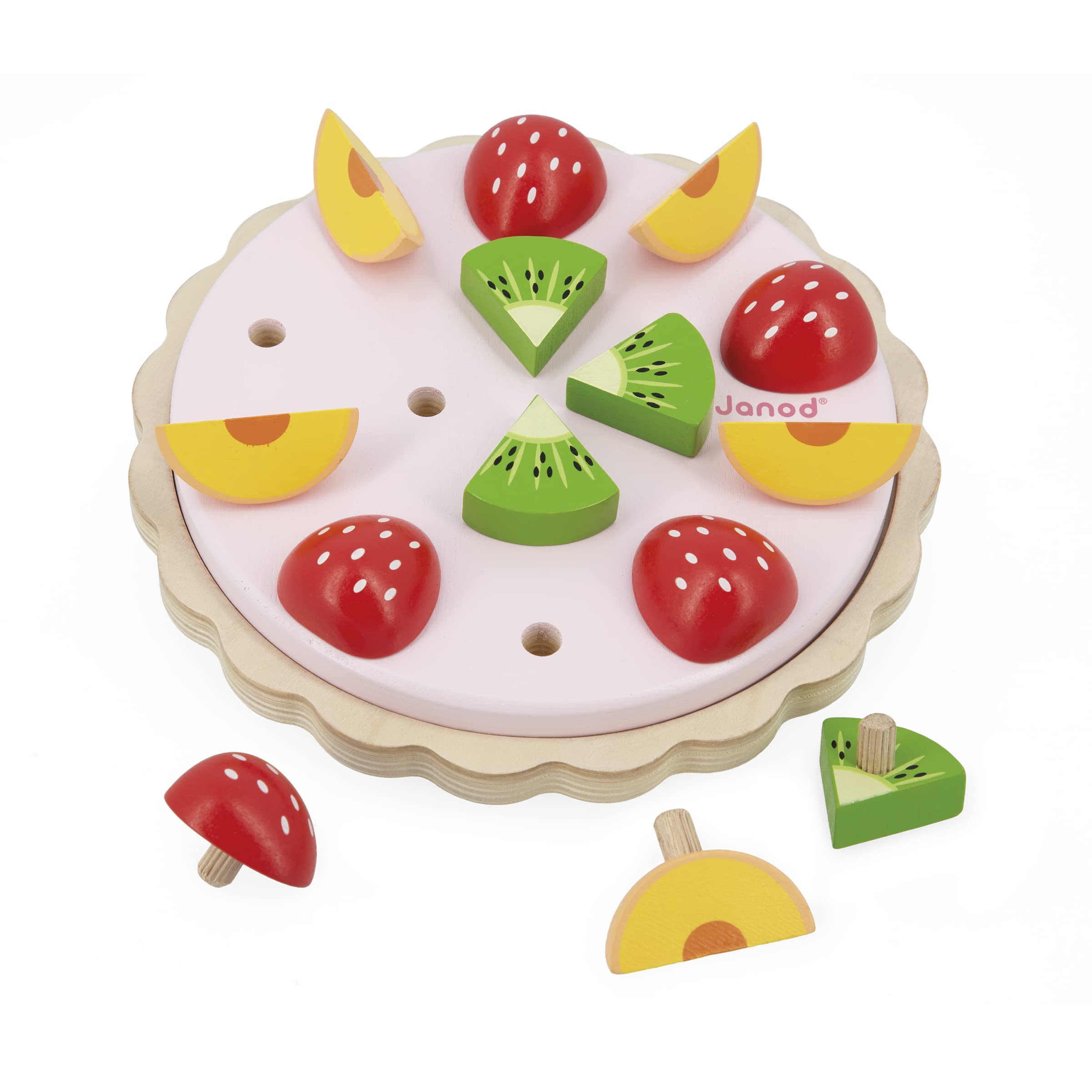 Janod - Twist FSC Wood Fruit Tart - Pretend Play Toy - 15 Wooden Accessories - 19 cm Diameter - 2 Years +, J06628