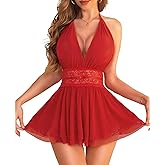 RSLOVE Women's Lingerie Lace Babydoll - Sexy Chemise with Halter Neck Backless Mesh Nightgown Spaghetti Straps Sleepwear