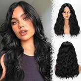 BCHR Black Wavy Wig with Bangs 18 Inch Medium Length Wigs for Women Synhtetic Curtain Bang Wavy Wig for Daily Party Use