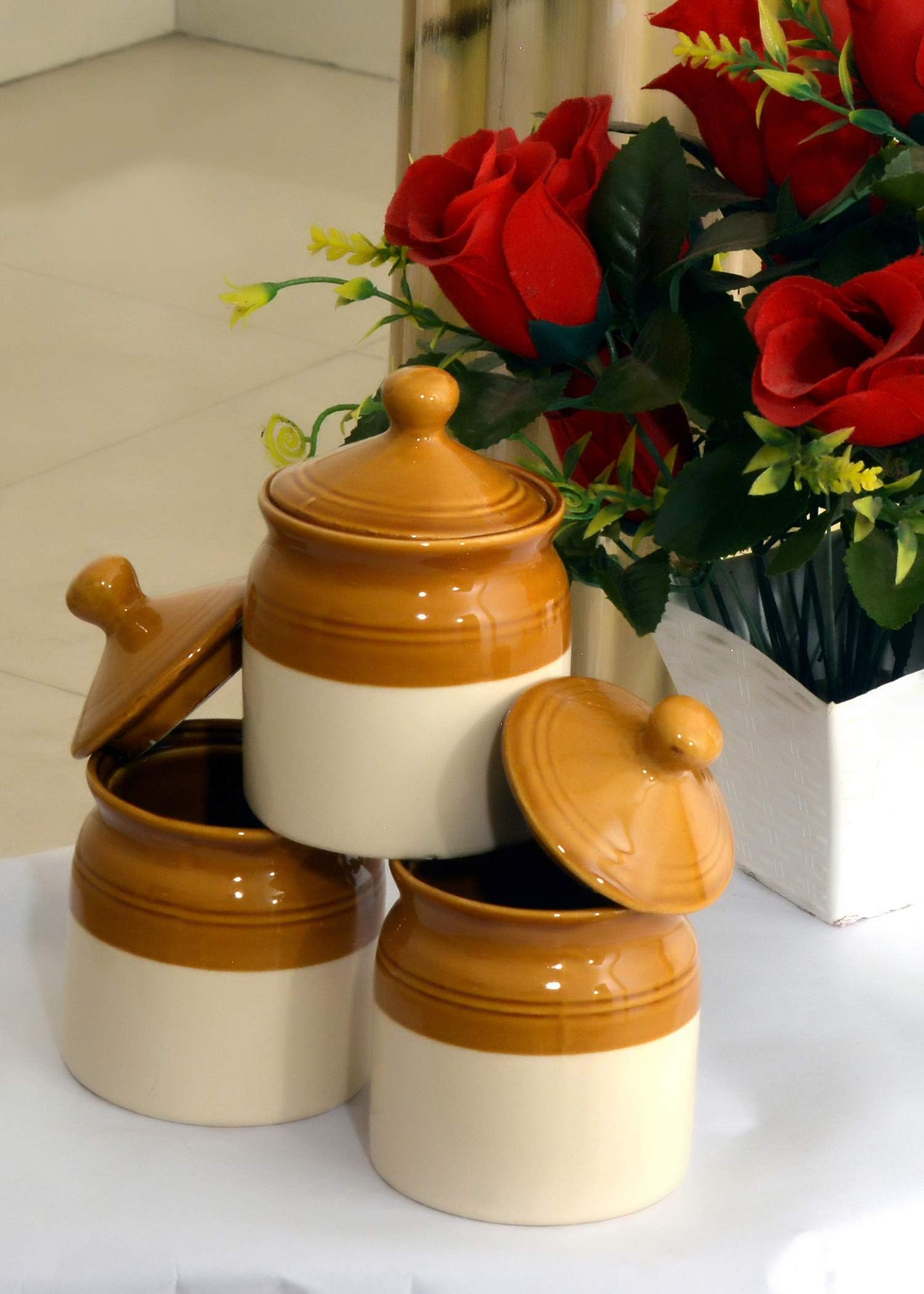 Bobby Designs Ceramic Handmade Glossy Mustered & Cream Pickle Jars with Lid Set of 3.