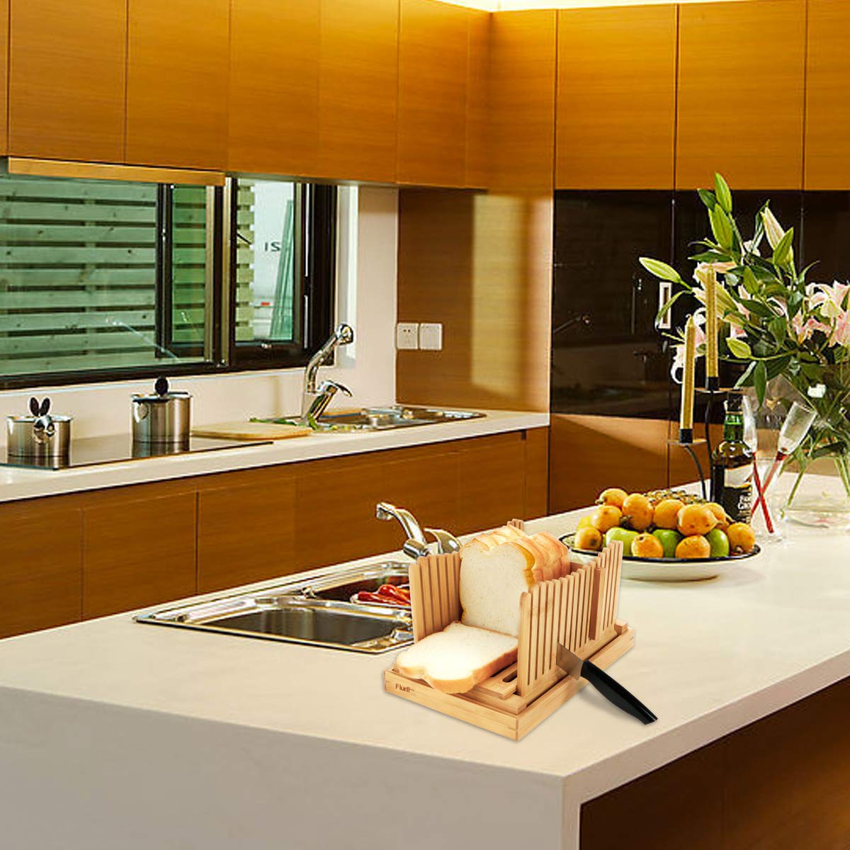 Flurff Bamboo Bread Slicers for Homemade Bread, Compact Foldable Bread Slicer Guide, Wooden Bagel Slicer