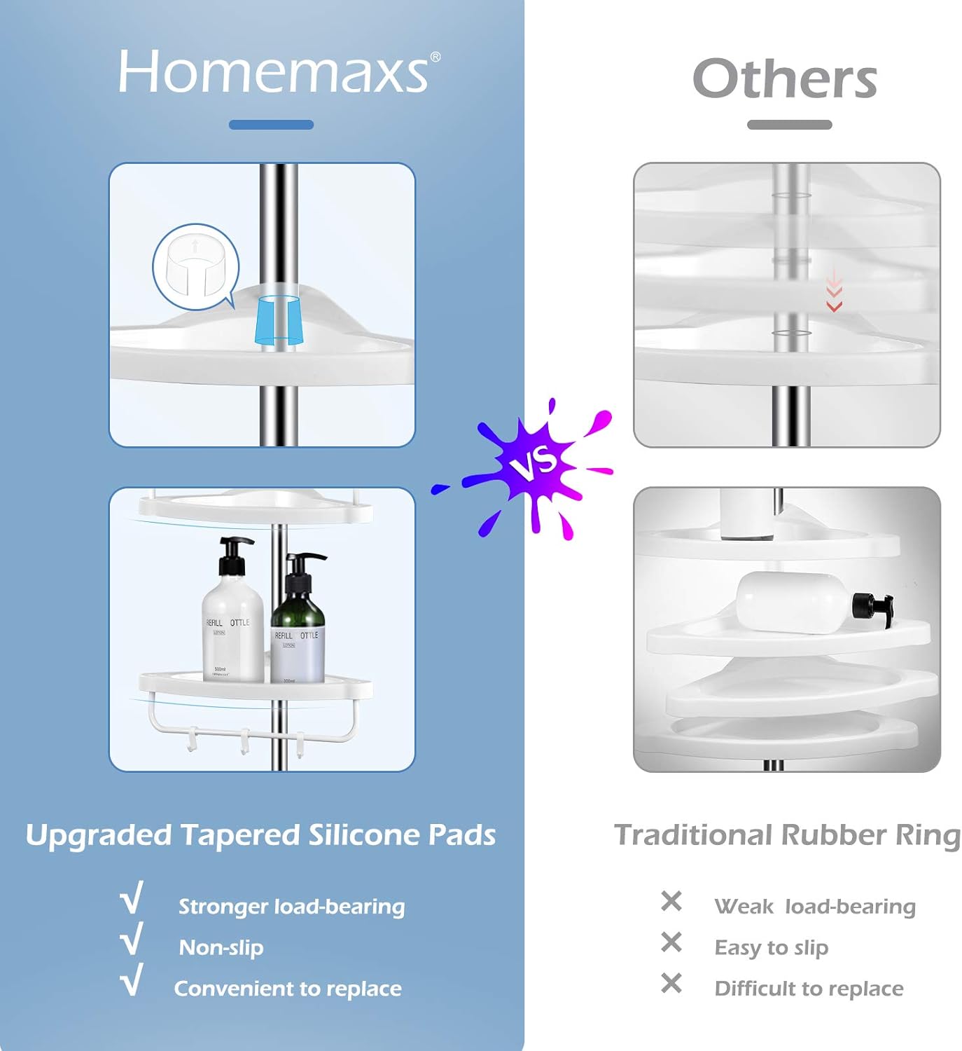 Homemaxs Corner Shower Caddy, 304 Stainless Steel Shower Caddy Tension Pole More Durable, 4-Tier Adjustable Bathroom Shelf with Upgrade Cone Non-Slip Silicone Mat Stable in Bathroom: Home Improvement