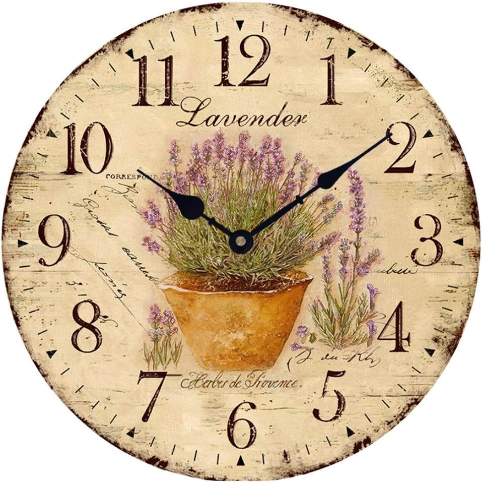 Wood Wall Clock 12 Inch Vintage"Lavender in Pot" French Country Romantic Shabby Chic Large Decorative Roman Numerals Analog Battery Operated Silent for Home Decoration (Yellow Pot)