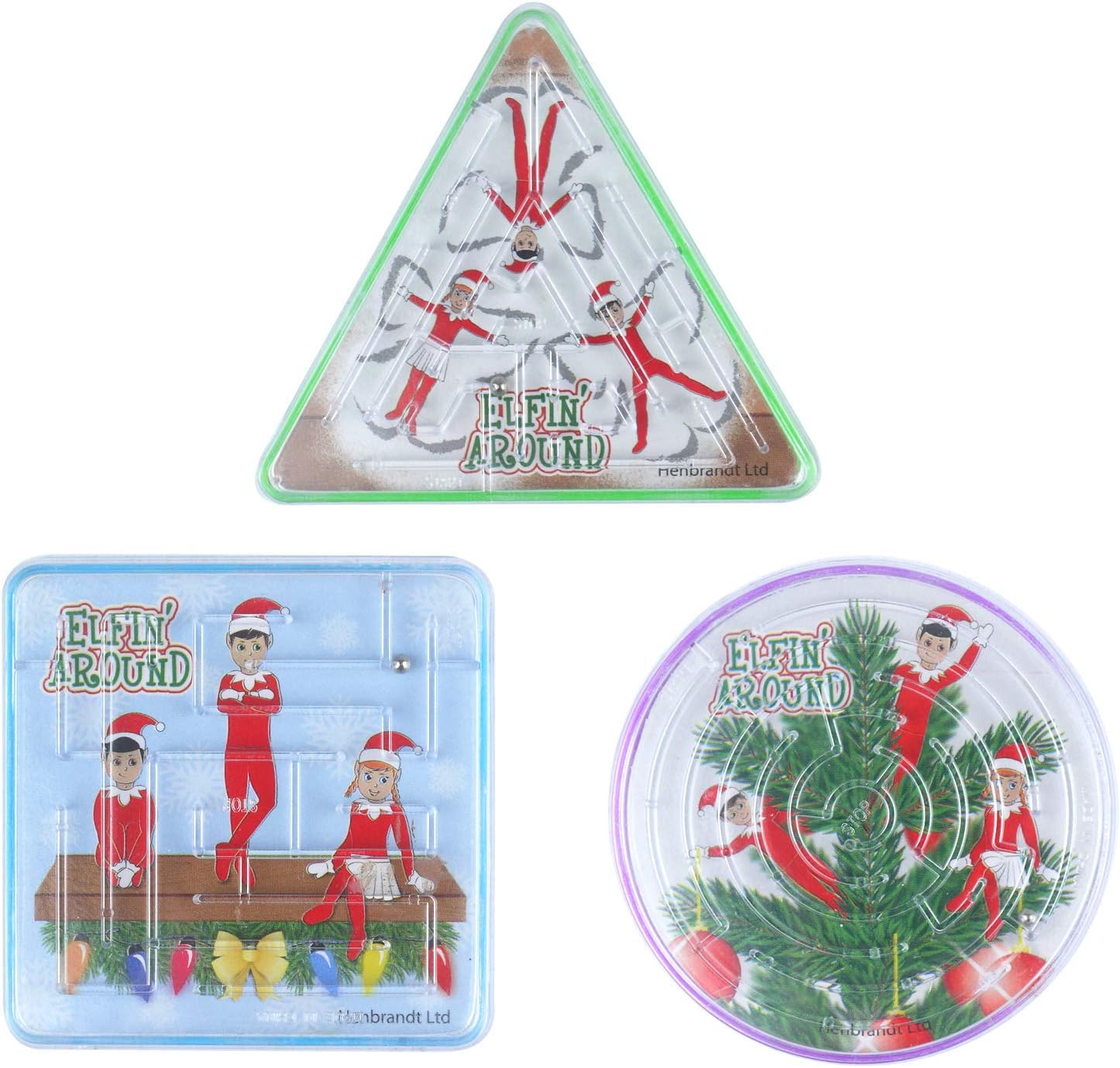 HENBRANDT 6 x Mini Elfin Around Christmas Xmas Maze Puzzle Boys Girls Toys Party Favour Stocking Filler, Red, White, Green, Blue, 6 cm