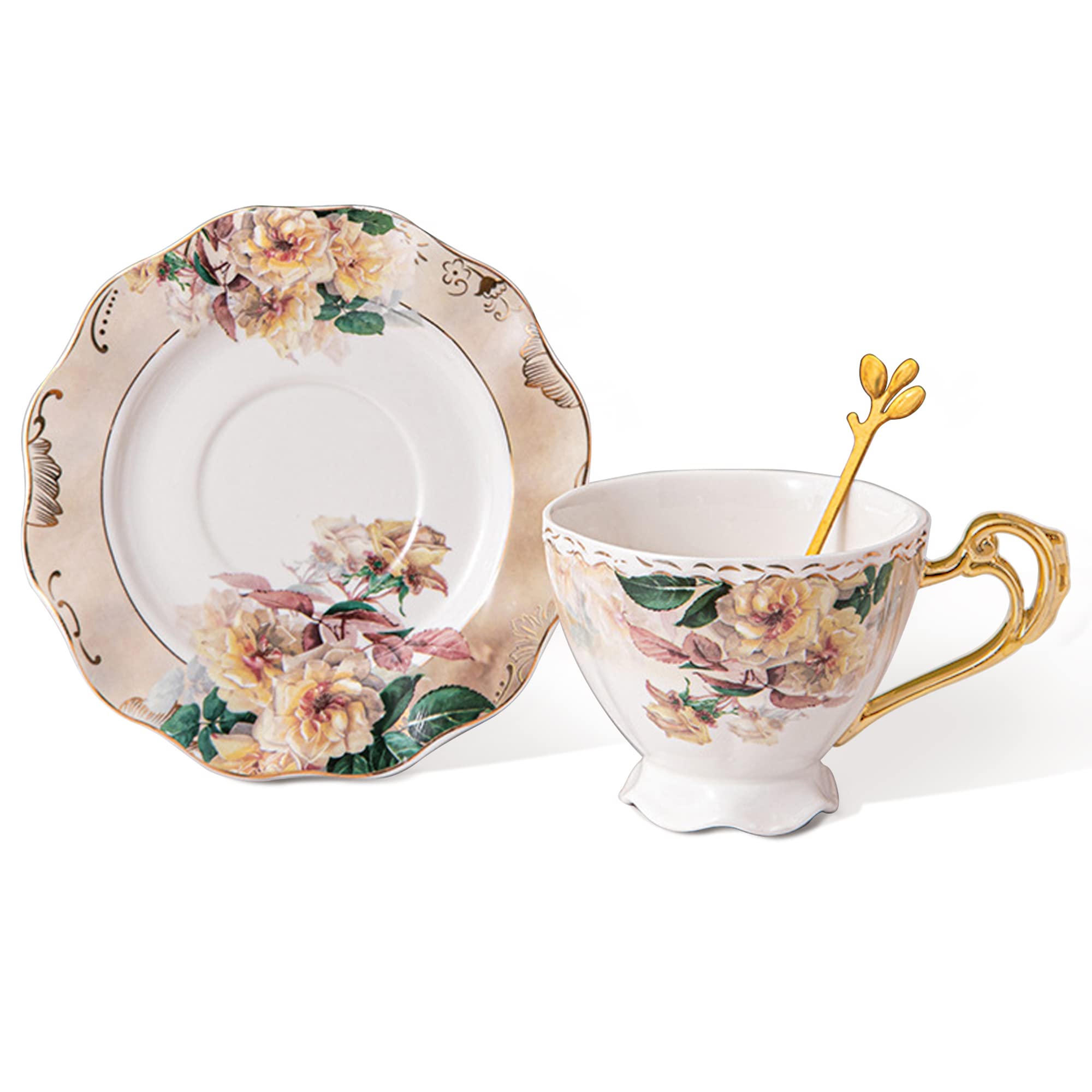 fanquare Light Yellow Porcelain Tea Cup and Saucer Set, 200ml Floral Cup with Gold Handle for Home, Gift and Party