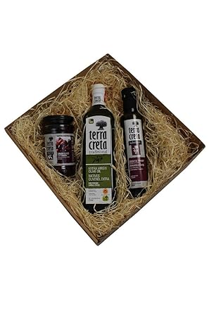 Terra Creta - Geschenk Set Kreta klein 1x 750 ml Olivenöl, 250 ml Balsamico Essig und 130 gr. Kalamata im Geschenkkarton Grie
