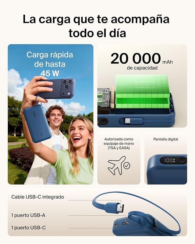 UltraCharge Bateria Externa Cabo e Ecrã USB-C de 20000 mAh - Azul