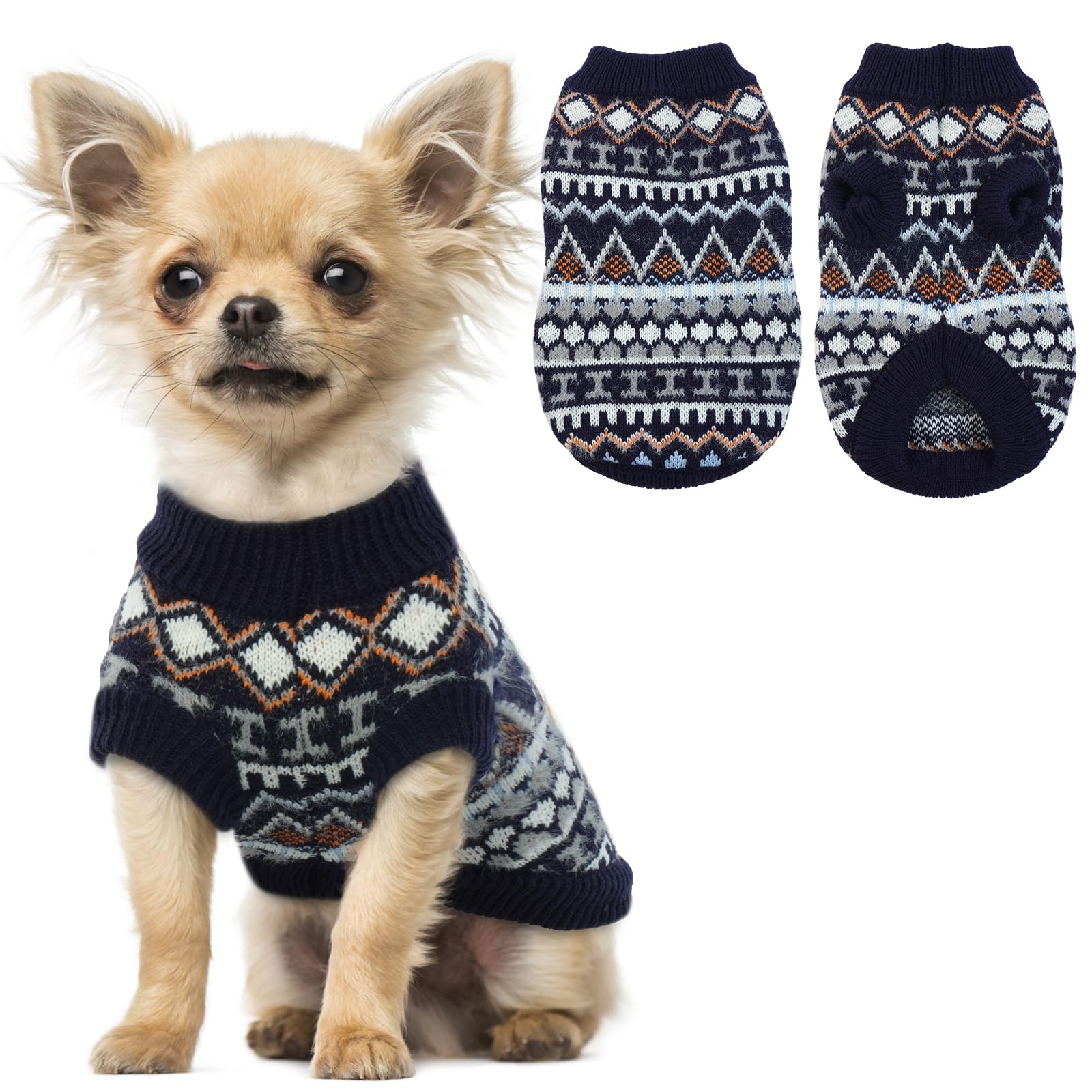 Hjumarayan Dog Jumper - Boho Dog Jumpers Small Medium Large, Knitted Christmas Sweater with Harness Hole, Thick Warm Winter Clothes for Mini Dachshund, Toy Poodle, Dark-Blue S — image 1