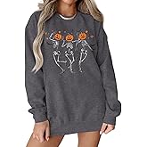 Ritatte Women Dancing Skeleton Halloween Sweatshirt Pumpkin Skull Graphic Pullover Top Spooky Season Crewneck Fall Shirt