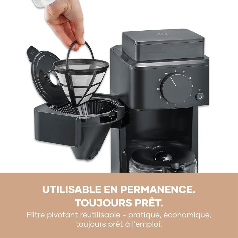 - Machine à café filtre avec broyeur intégré pour café en grains ou moulu + réglage de la mouture, Cafetière filtre avec carafe verre 10 tasses, cuillère, filtre permanent, noir, KA 9215