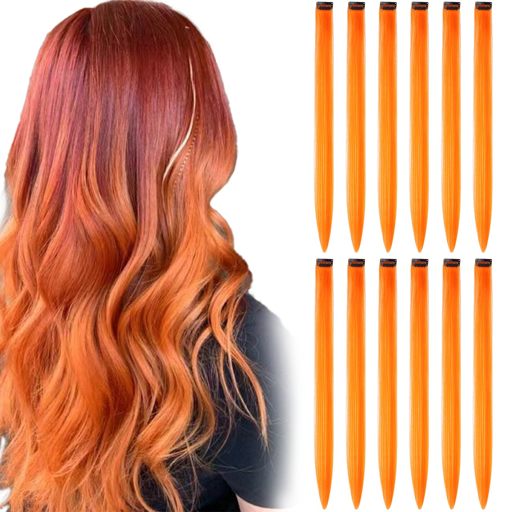Photo 1 of BUMMSEVEN Colored Hair Extensions Clip in for Kids Girls Women, 22 inch Straight, 12 pieces Orange