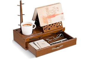 CILXGQLN Adjustable Wooden Book Stand with Storage - Multi-Function Hands Free Book Holder for Books, Tablets & Recipes with Cup Slot, Pen Groove & Page Holder - Perfect Kitchen Counter & Gifts for Book Lovers