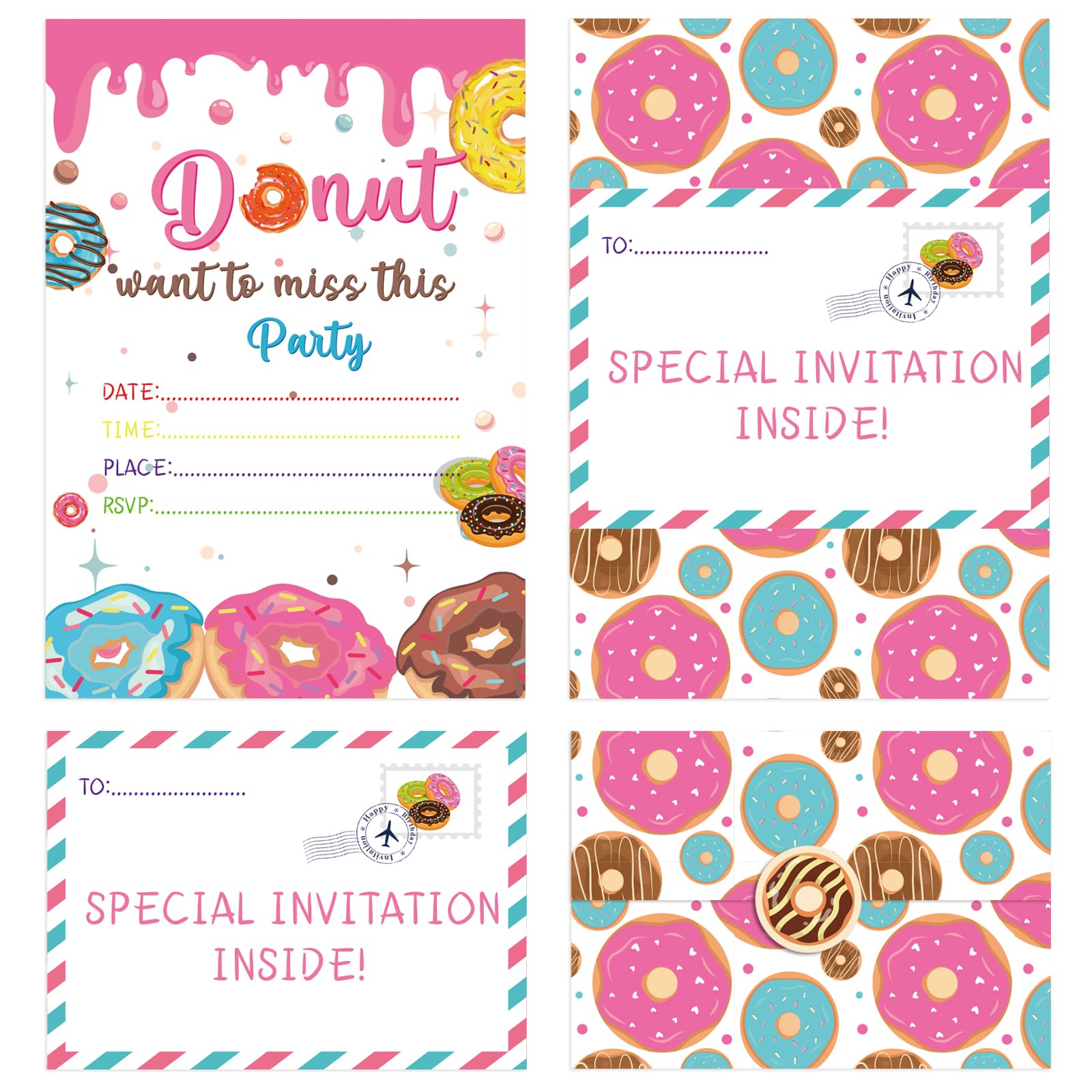 SEDEX 36 Party Invitations Kids, Childrens Girls Birthday Party Invitations Donuts Print Invites Cards with Folding Envelope Design and Stickers — image 1