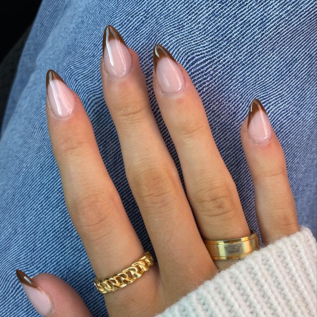 KQueenest 30 Pcs Brown French Tip Press on Nails Short Almond Nails Acrylic Medium Natural Nude Fake Nails Press ons Classic Glue on Nails Short Gel French Tip Nails Fall Nails for Women Manicure